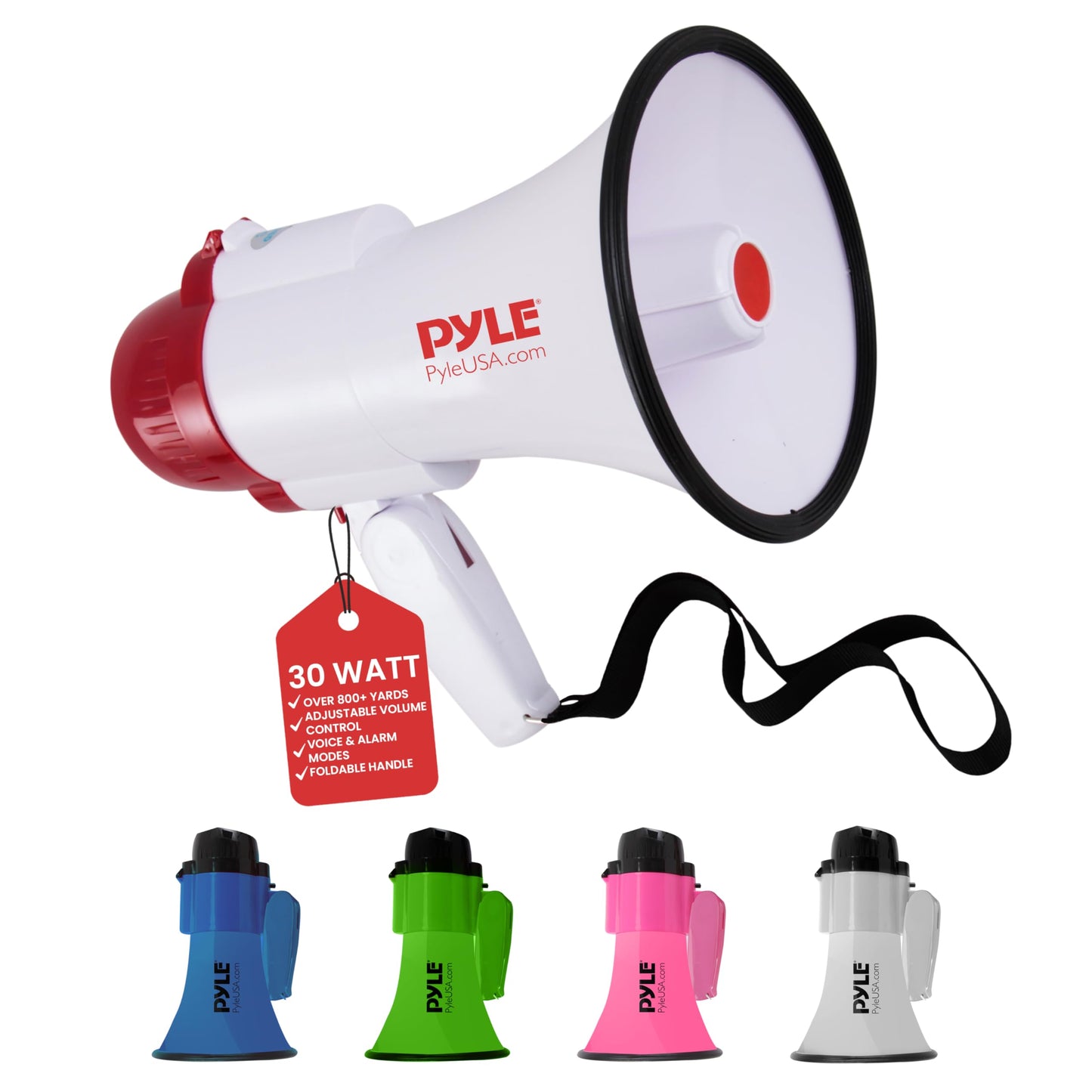 Pyle 30W Megaphone Bullhorn with 1200-Yard Range, Built-in Siren, Voice & Alarm Modes, Adjustable Volume Control, Ergonomic Pistol Grip, Foldable Handle - Ideal for Indoor/Outdoor Sports & Events