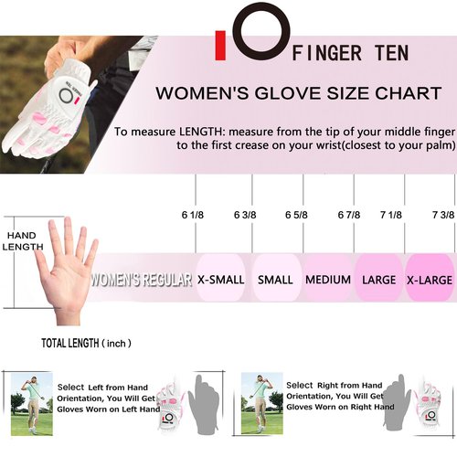 FINGER TEN Ladies Golf Gloves Left Right Hand 1 Pack, Golf Glove for Women's Golfer Lh Rh All Weather Grip, Size Fit XS Small Medium Large XL (Pink, Medium (Worn On Left Hand))