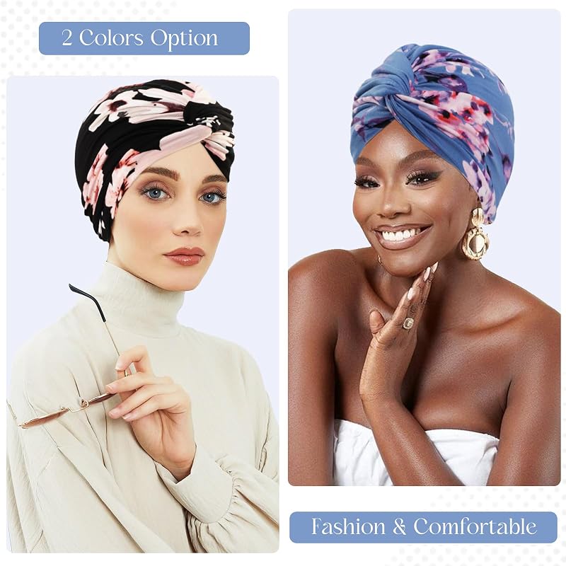 Two-Piece Printed Turban Head Wrap Set for Women - Pre-Tied Knot Chemo Headwear (Black, Blue Floral)
