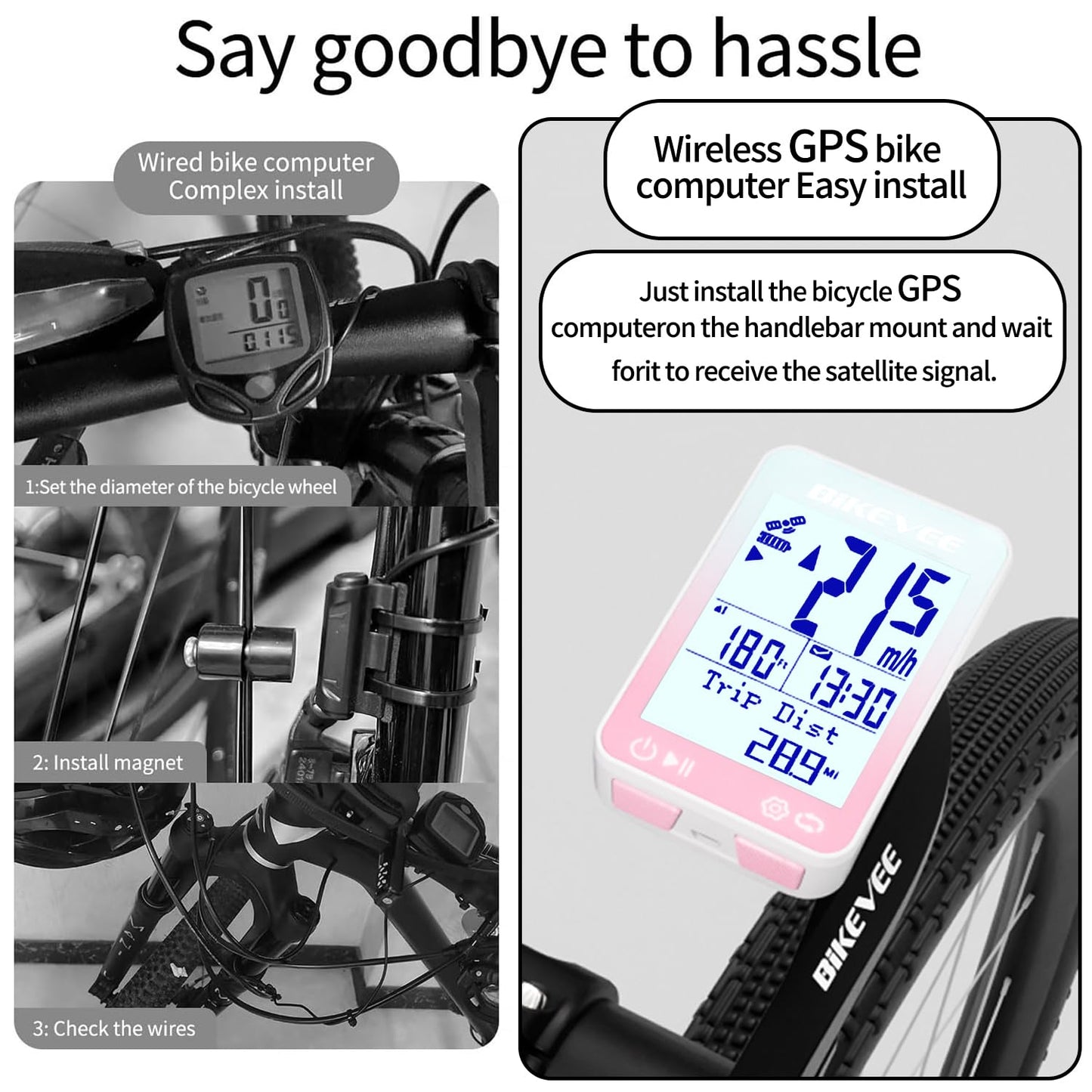 Bikevee GPS Bike Computer Wireless Bicycle Speedometer Odometer 9 Languages Auto Backlight Auto Start Stop IPX7 Waterproof 2.4 Inch LCD with Out Front Mount Supports MPH KMH - Pink