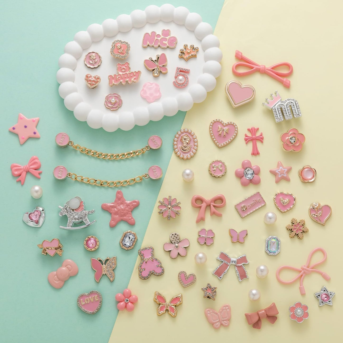 30,50pcs Pink Bling Random Shoe Charms for Girls Women Cute Pearl Butterfly Flower Chains Shoes Accessories Decorations for Clog Sandals Birthdays Party Favors Decorations Gifts