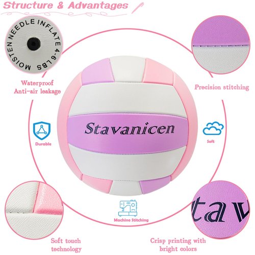Stavanicen Volleyball Official Size 5 for Indoor Outdoor, Thicker PU Soft Beach Volleyball for Girls Boys Teenager Adults Beach Game Gym Training Beginner (Pink Purple White)