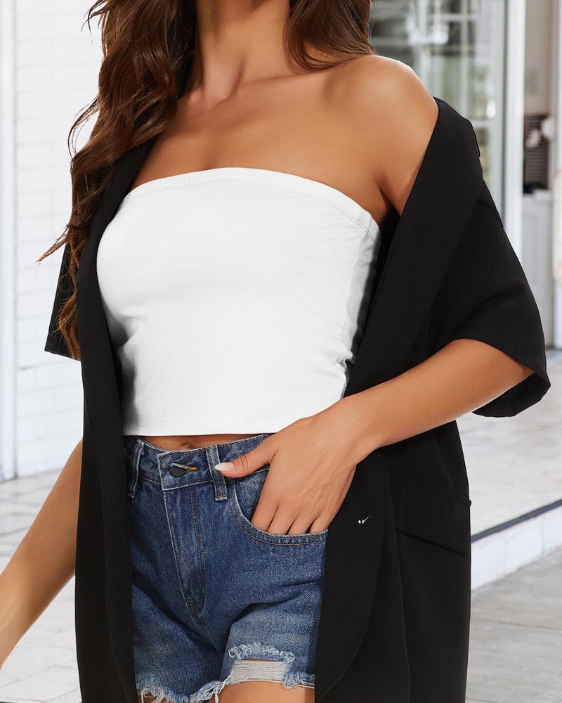 Womens Tube Top Basic Summer Strapless Crop Tops Sexy Sleeveless Shirts(White, L)