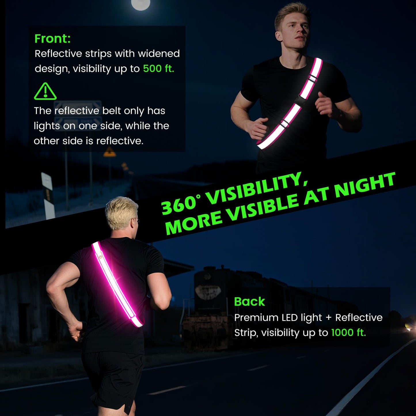 Reflective Sash Gear for Walking at Night,Flashing LED Reflective Belt Safety Lights for Walkers Night Dog Walking Biking Running,High Visibility Rechargeable With Wear 2 Ways for Men Women (Pink)