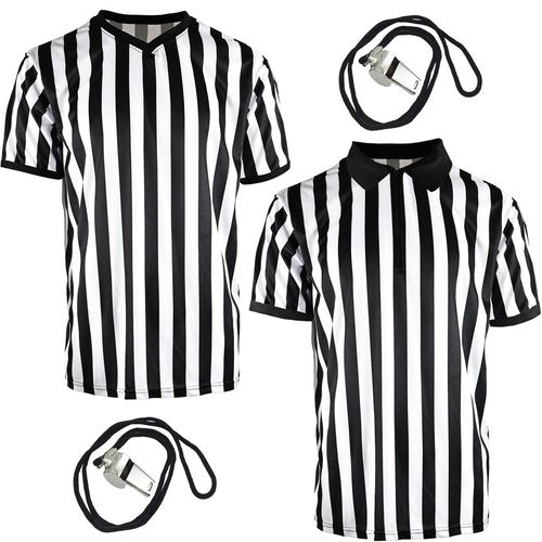 4 Pcs Men's Official Referee Shirt Football Umpire Jersey V-Neck Referee Uniform Stainless Steel Whistle for Football Basketball Soccer Games, 2 Styles (L(175-180cm))