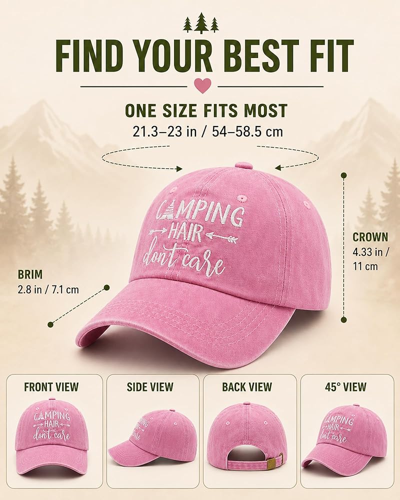 Women's Pink Embroidered Camping Hair Don't Care Adjustable Baseball Cap