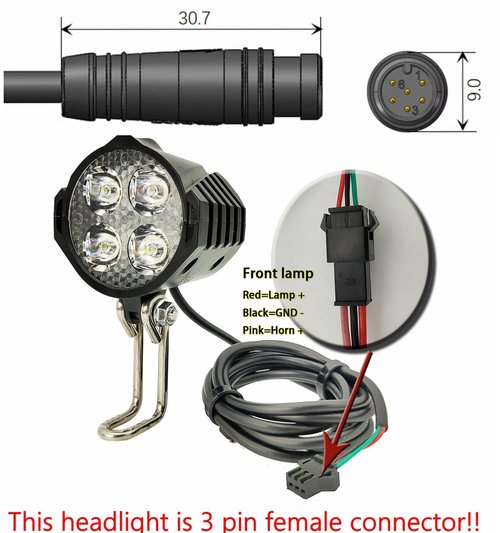 Electric Bike LED Headlight 36V 48V 12V-60V Bike Front Light with Built-in Horn 4 Lights 3 Pin Connector for Night Riding Waterproof Bicycle Horn Headlight for E-Scooter