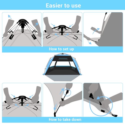 Sebor Beach Tent, Deluxe XL Pop-up Beach Tent Sun Shelter for 4-6 Person, UPF 50+ UV Protection, Easy Set Up and Portable Beach Shade Canopy Shade Tent for Beach Camping, Pacific Blue