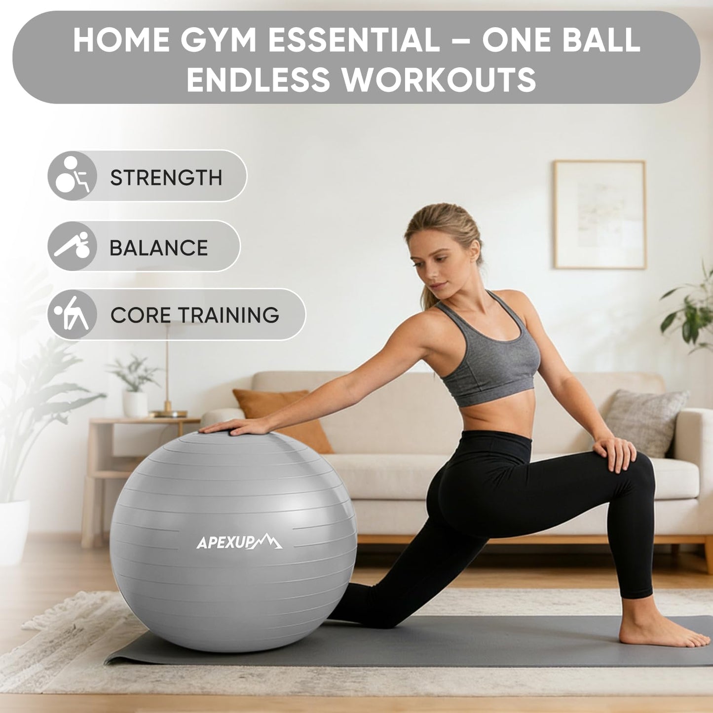 APEXUP Yoga Ball Exercise Ball Anti Slip Heavy Duty for Fitness, Balance & Core Workout, Balance Training, Pregnancy & Physical Therapy, 5 Sizes (XL (27"~30") 75cm, Silver)