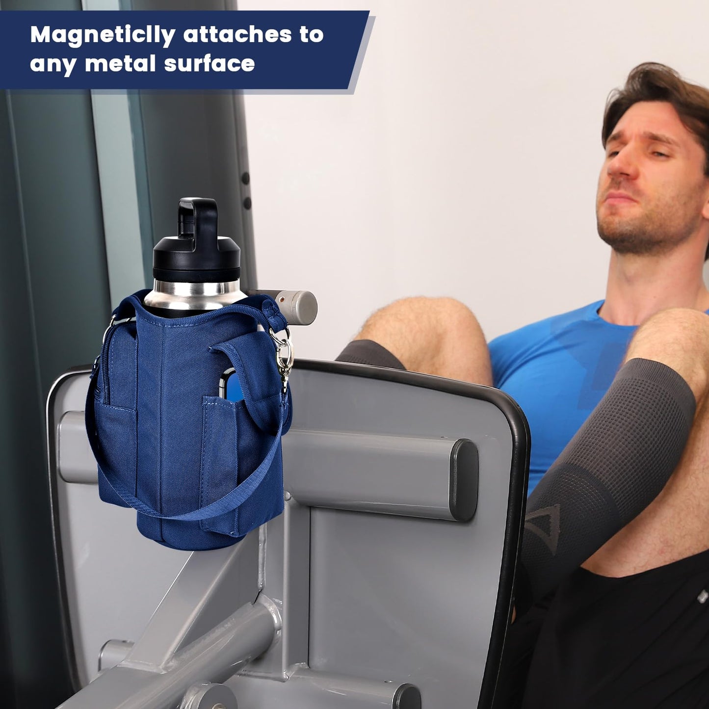 icolor Magnetic Gym Bag Water Bottle Carrier Holder with Phone Pockets & Strap,Nylon Gym Magnetic Bag 5 Built-in Magnets Gym Accessories Organizer Bottle Pouch Sleeve for Men Women (Navy Blue)