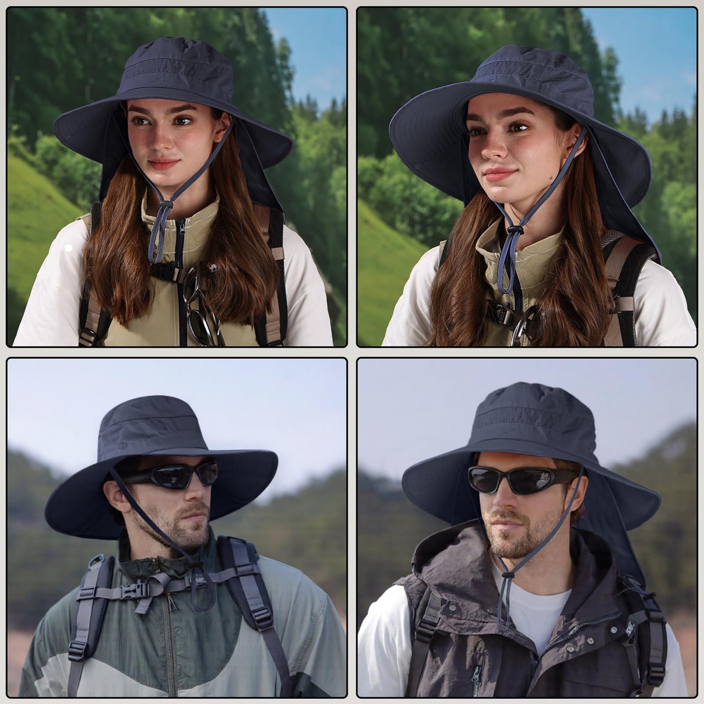 Sun Hats for Men Women, UPF50+ Protection Safari Hat,Wide Brim Fishing Hat with Neck Flap,Bucket Hats for Beach Hiking Navy
