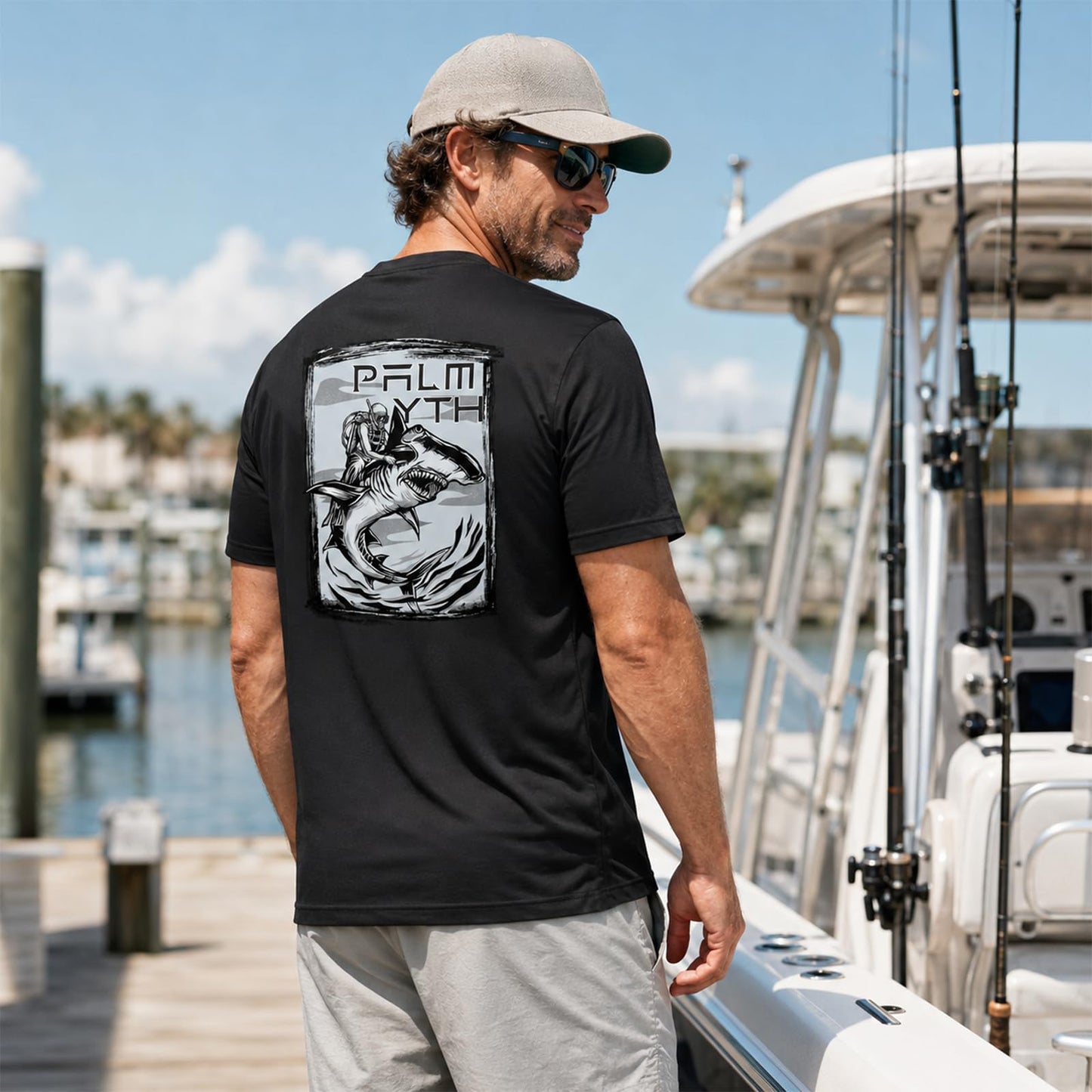 Palmyth Fishing Shirts for Men Short Sleeve T-Shirt UPF 50+ Sun Protection UV Tee Black Diver Shark XL