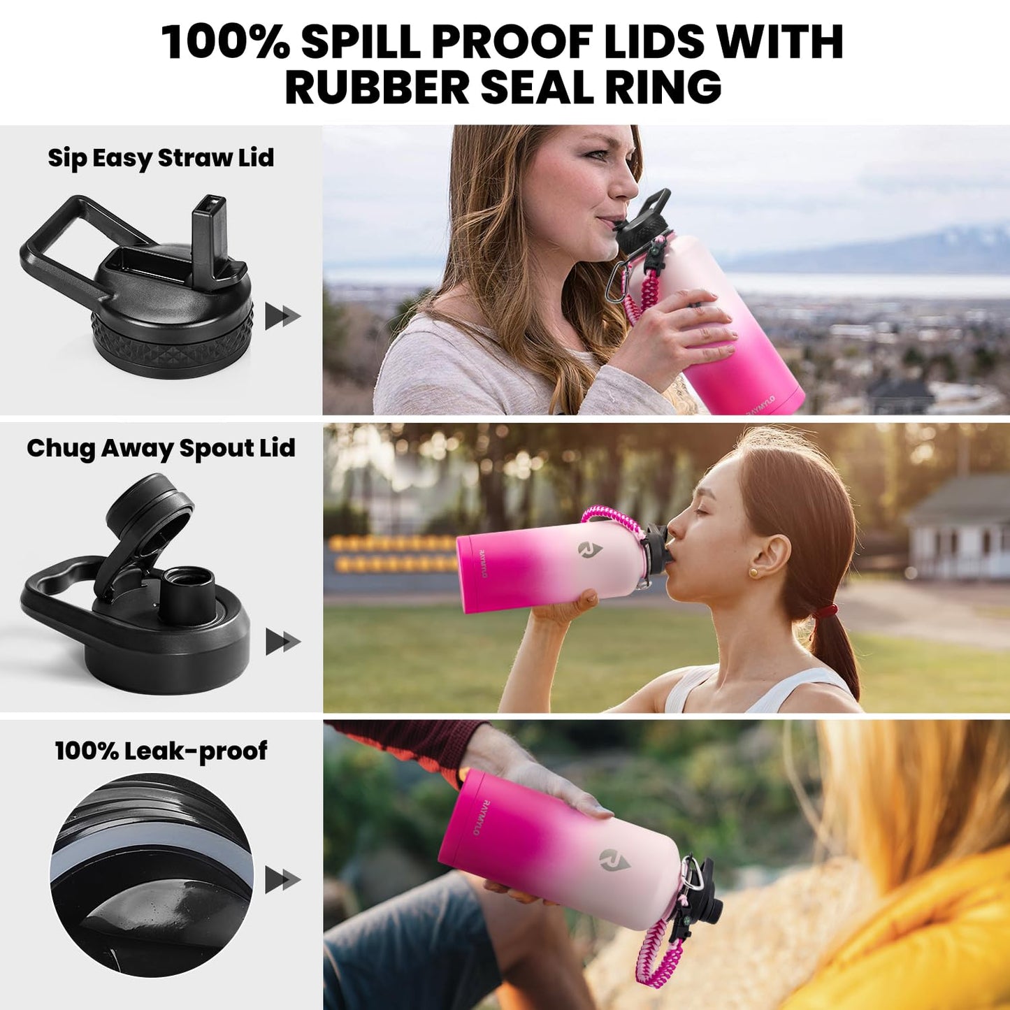 RAYMYLO Insulated Water Bottle 87 oz, Triple Wall Vacuum Stainless Steel (Cold for 48 Hrs), Leak Proof & Non-BPA, Modern Water Flask Jug with Paracord Handle & Straw Spout Lids, Ombre Pink