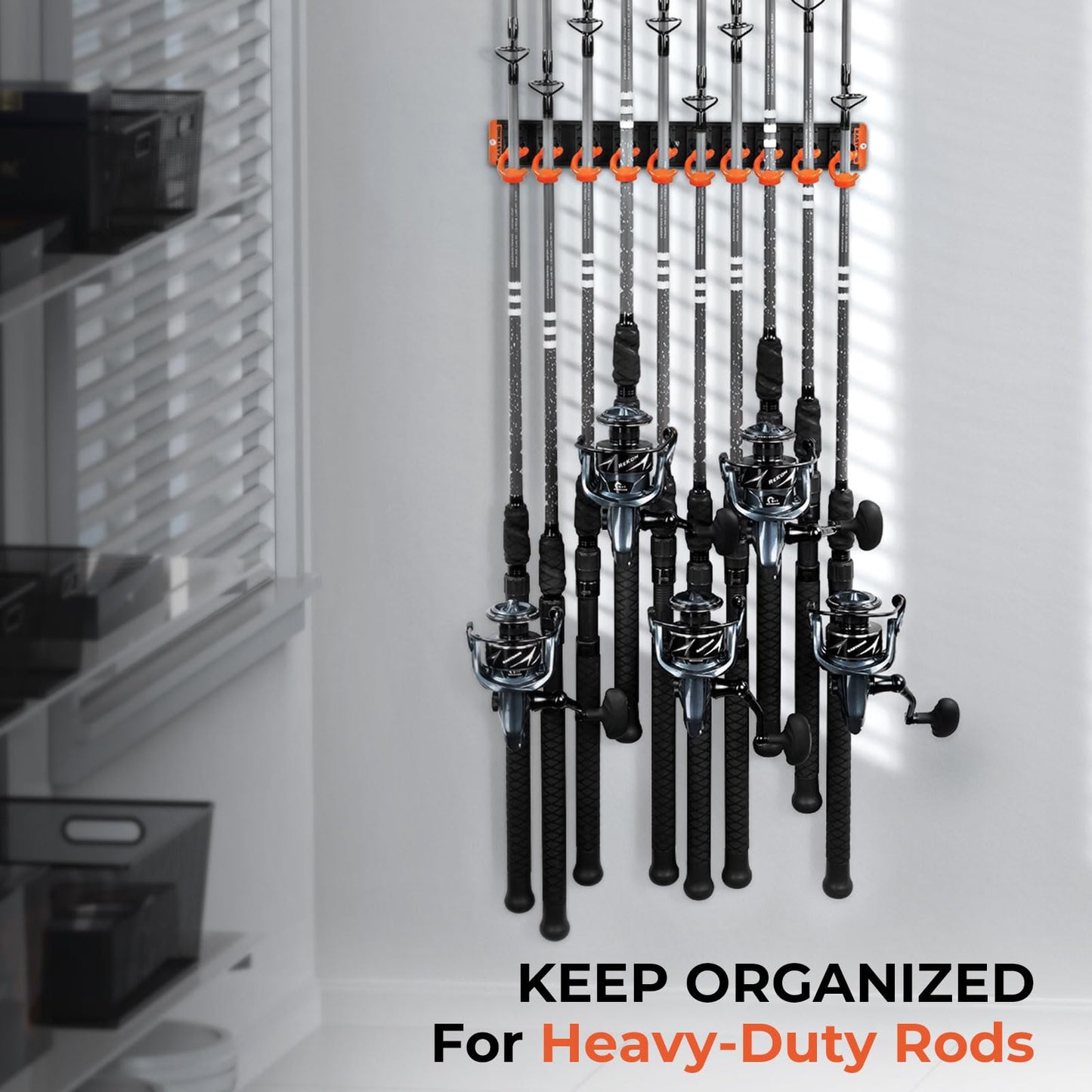KastKing V10 Pivot Grip Fishing Rod Holder–Adjustable, Space-Saving Wall-Mounted Rod Holder, 10 Polymer-Coated Steel Hooks, Expandable Storage System, Holds 10 Rod & Reel Combos, 1 Pack