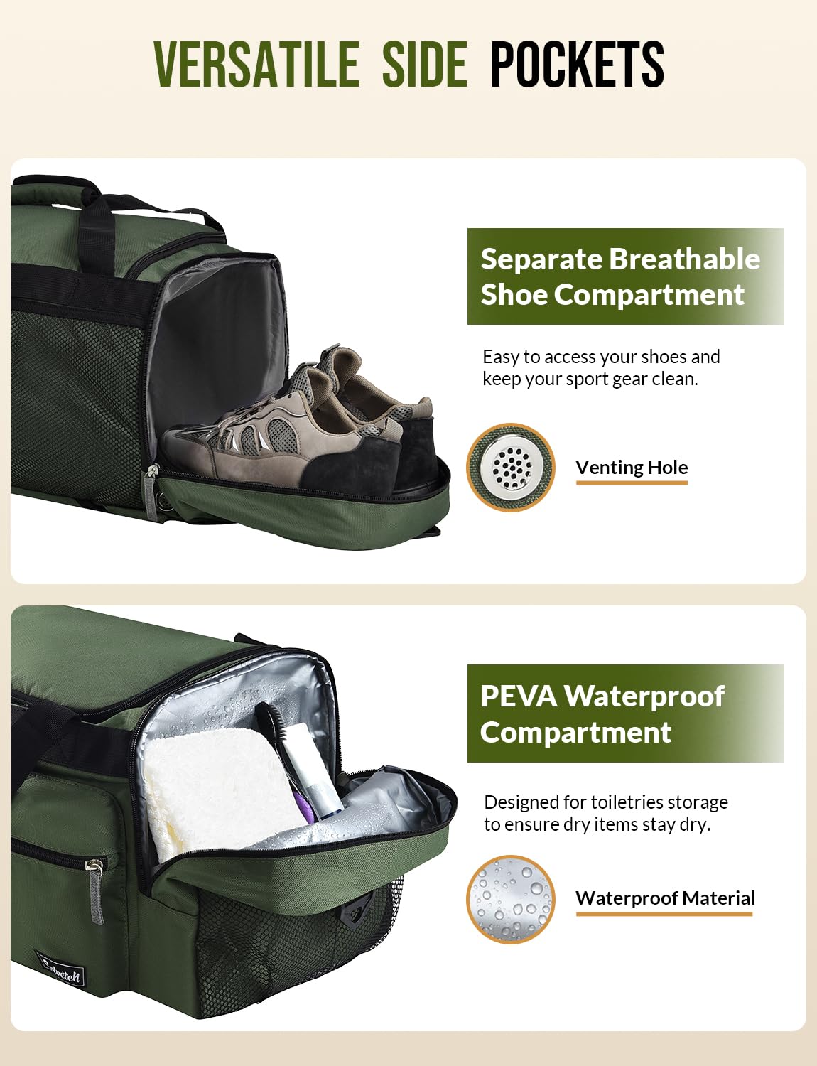 Celvetch Gym Bag for Men Women 3-in-1 Sports Travel Duffel Bag, 39L, Green