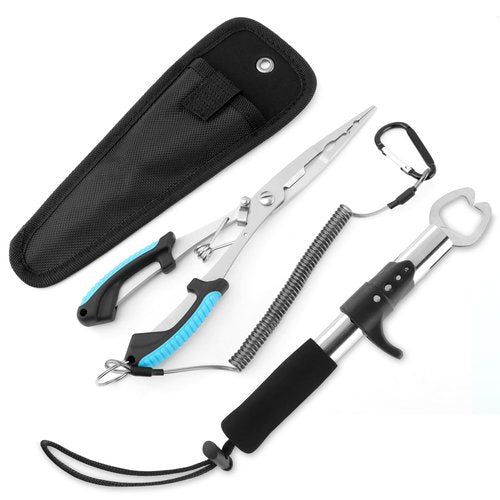 Fishing Pliers and Gripper Set, Stainless Steel Fishing Pliers & Lip Gripper Set with Telescopic Lanyard, Sheaths, Multi-Function Saltwater Resistant Tools Gifts for Men