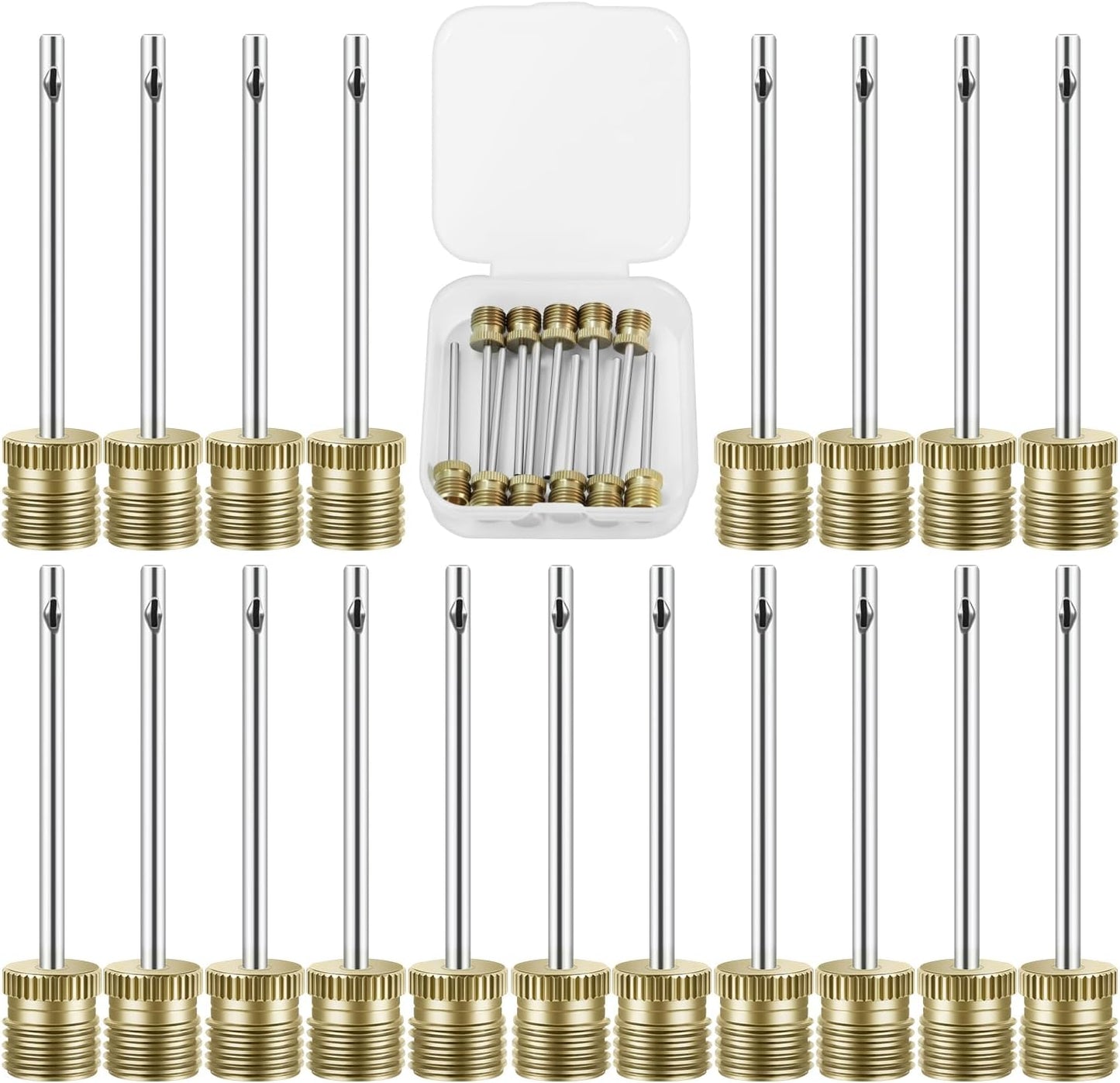 20 Pack Brass Ball Pump Needles with Storage Case - Heavy Duty No Break Air Pump Needles for Basketball, Hand Pump & Electric Pump, Stainless Steel Body