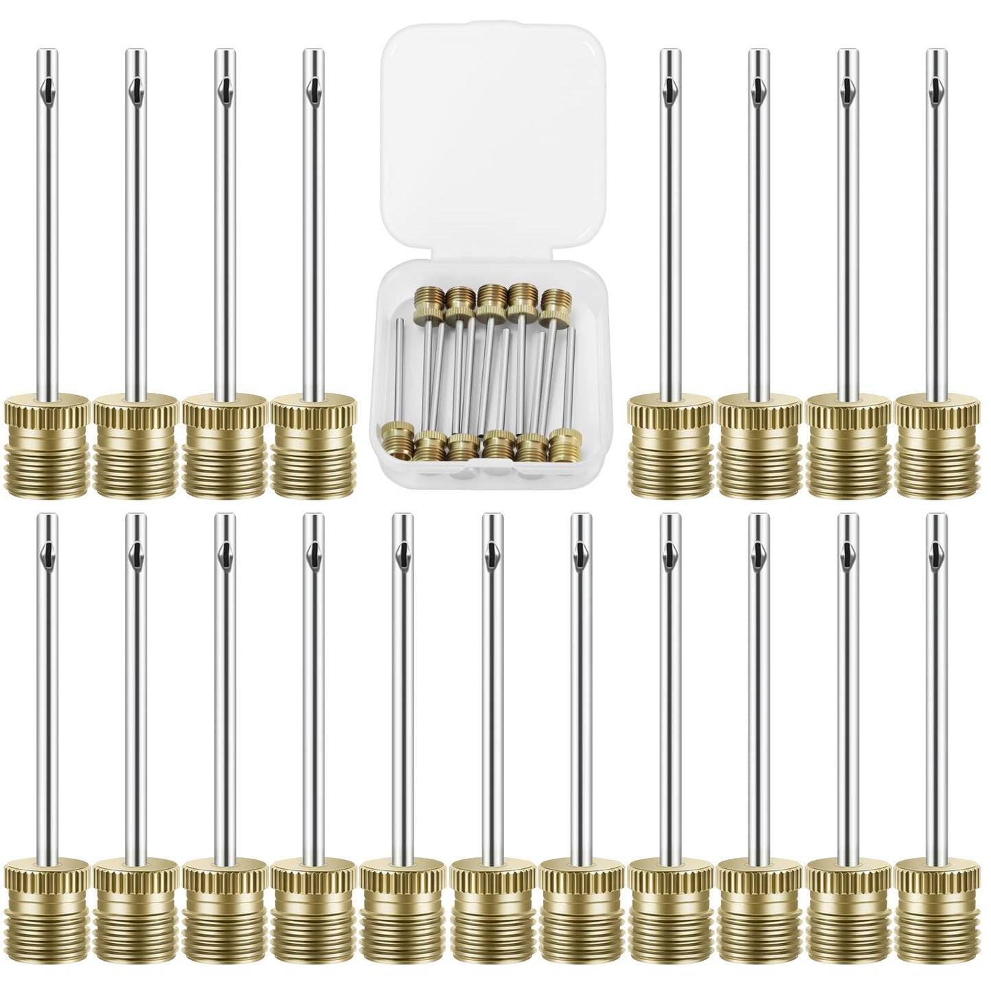 Quadafy 20 Pack Brass Ball Pump Needles with Storage Case - Heavy Duty No Break Air Pump Needles for Basketball, Hand Pump & Electric Pump, Stainless Steel Body