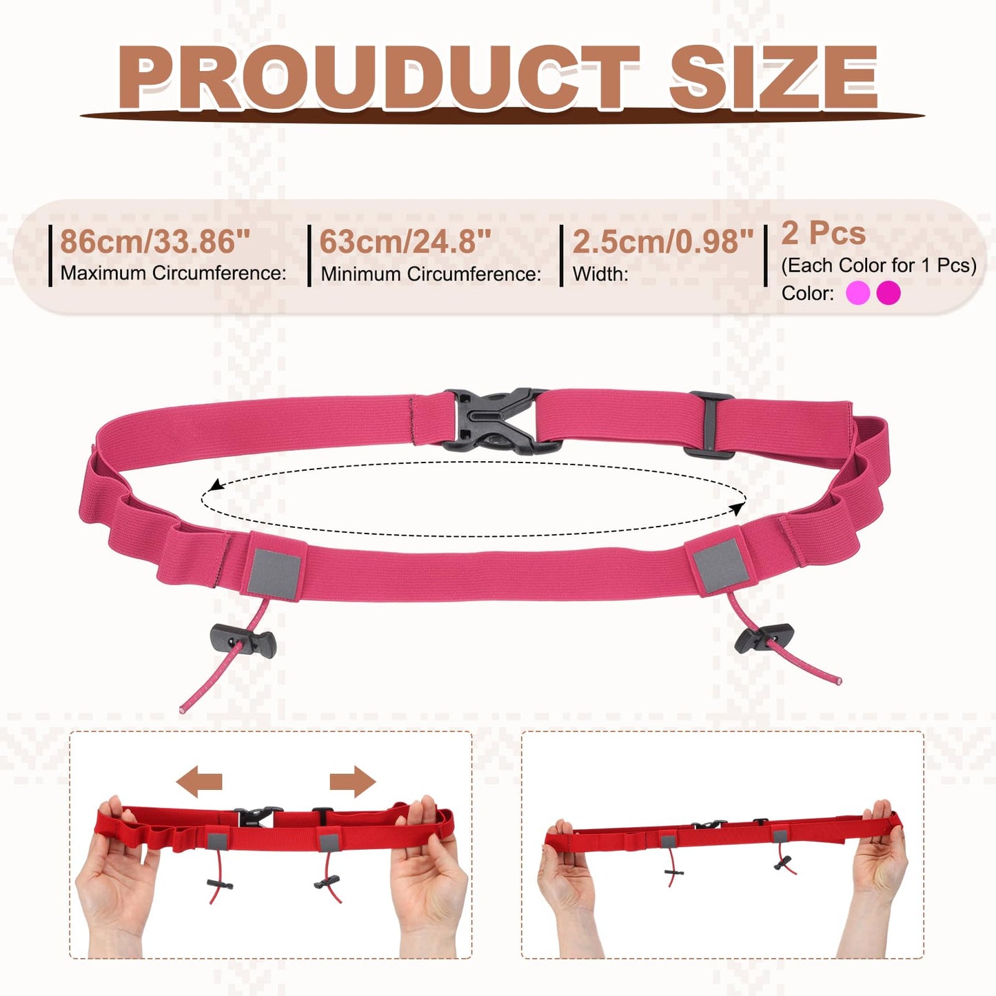 YELARXI Bib Belt, Race Belt Triathlon Running Number Holder Elastic Comfortable with 6 Gel Loops, Sport Race Bib Holder 2Pcs, Pink/Rose Red for Runners/Marathon/Cycling