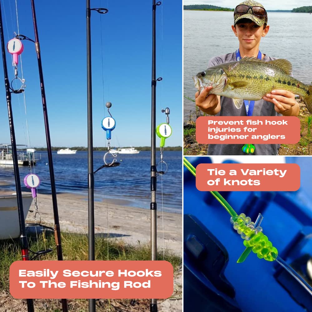 HOOK-EZE 2X Fishing Knot Tying Tool, Standard Size - Safety Device & Line Cutter - Multifunctional Fishing Accessories - Covers Fully Rigged Hooks - Blue