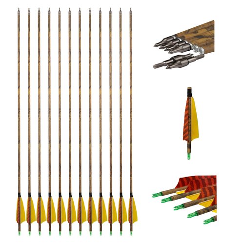 GQT 30” Carbon Arrows Hunting Arrows with 4” Turkey Feather, Removable Tips, Archery Target Practice Arrows Spine 500 for Compound & Recurve & Long Bow(Pack of 12)