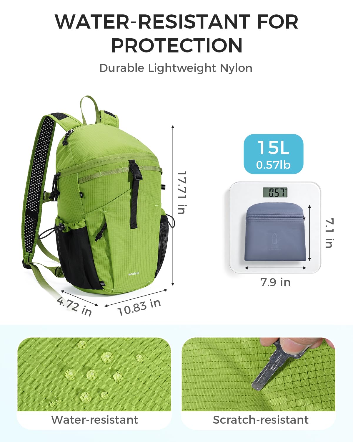 ECOHUB 15L Ultra-Lightweight Packable Backpack, Casual Daypack for Daily Use, Small Hiking & Travel, Foldable Backpack, Water-Resistant Nylon, Reflective Design