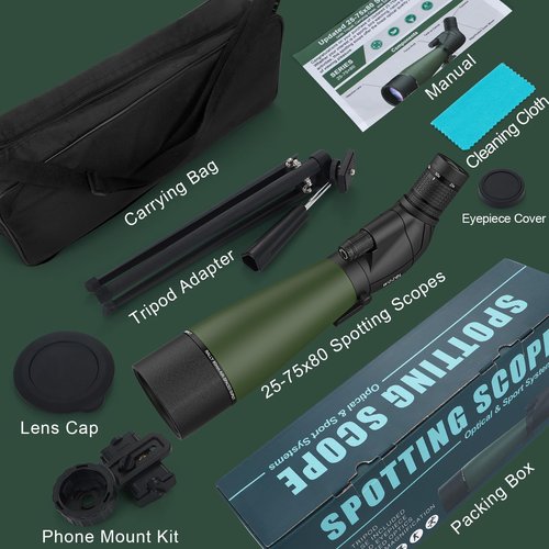 WOZEL 25-75X80 Spotting Scopes for Target Shooting - HD Spotter Scope with Tripod Carrying Bag & Smartphone Holder - BAK4 Waterproof Spotting Scope for Bird Watching Hunting Wildlife Viewing