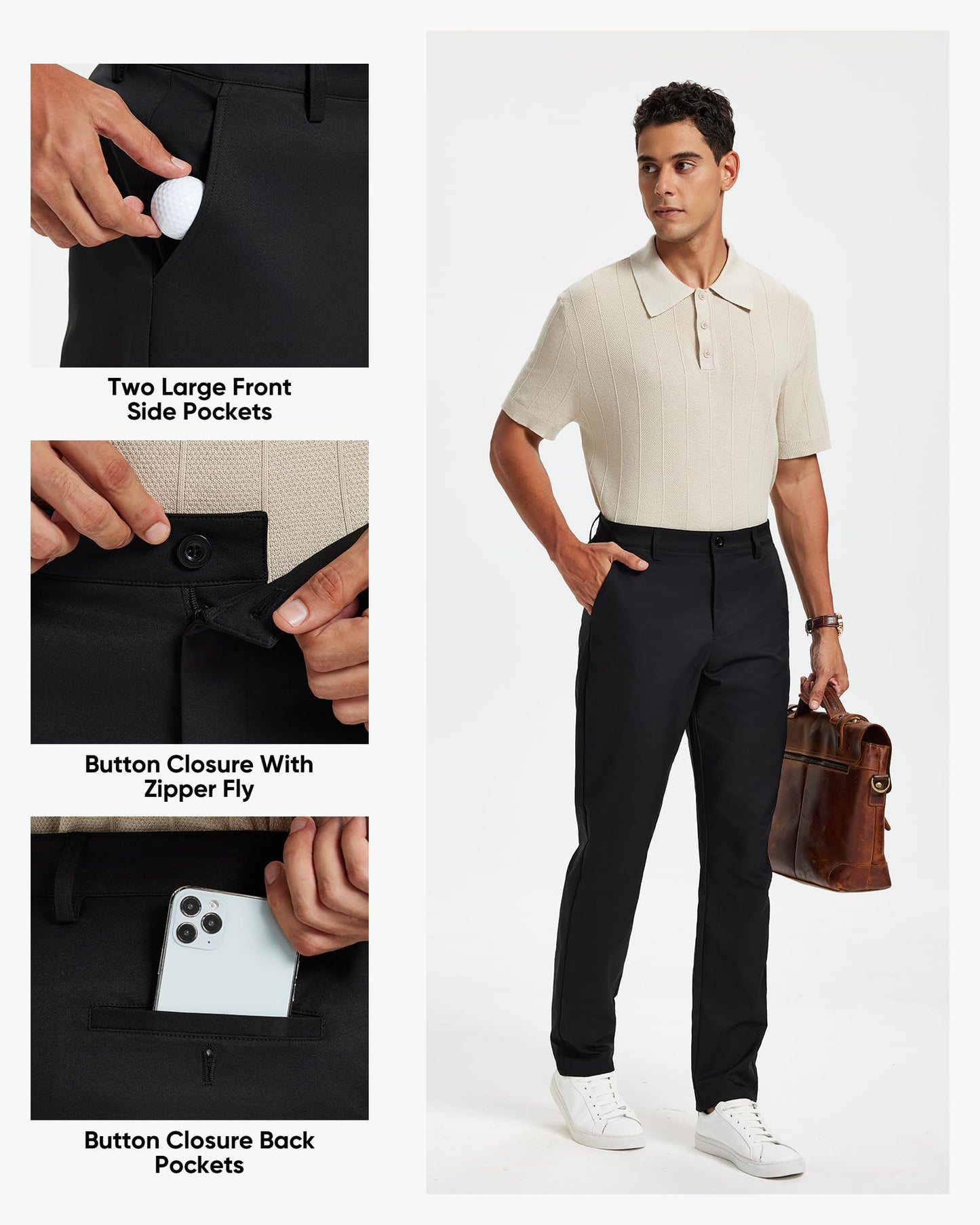 Men's Classic Fit Stretch Golf & Dress Pants 32'' - All-Day Comfort Performance Pants for Work, Business Casual & Travel Black, 34W x 32L