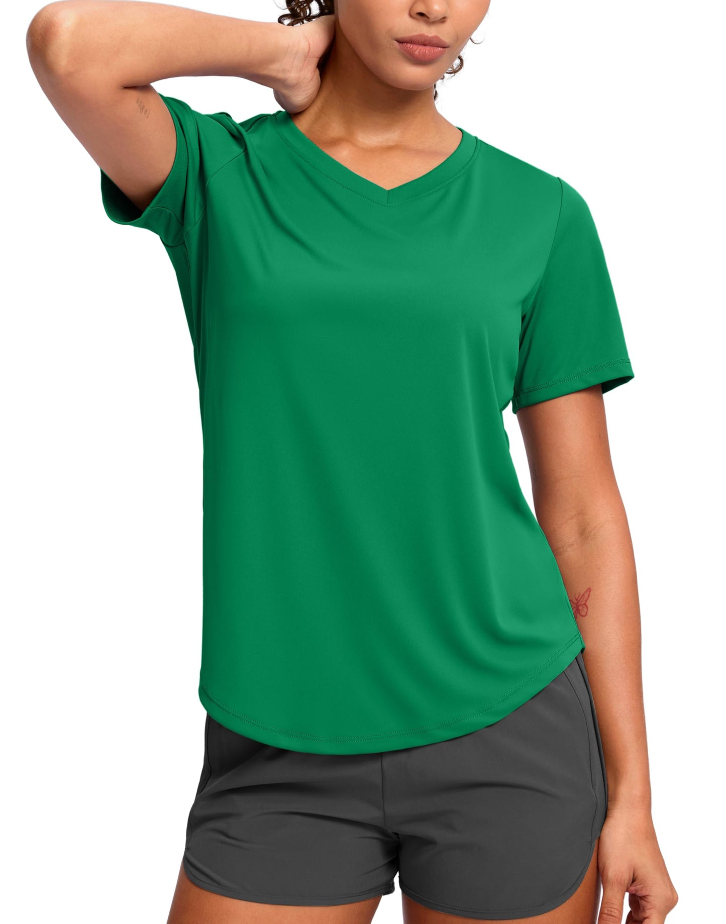 Womens Workout Shirts V-Neck Short Sleeve UPF 50+ Sun Shirt Moisture Wicking Dry Fit Top for Gym, Running, Athletic (Green, L)