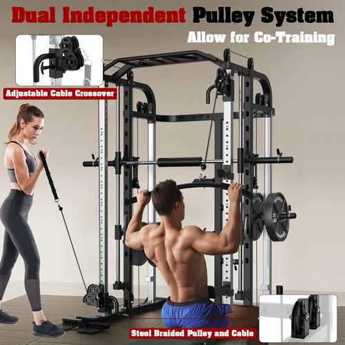 Royal Fitness Smith Machine, Multifunctional Power Cage Rack with Smith Bar and Cable Pulley System, and LAT Pull Down Machine for Home Gym…