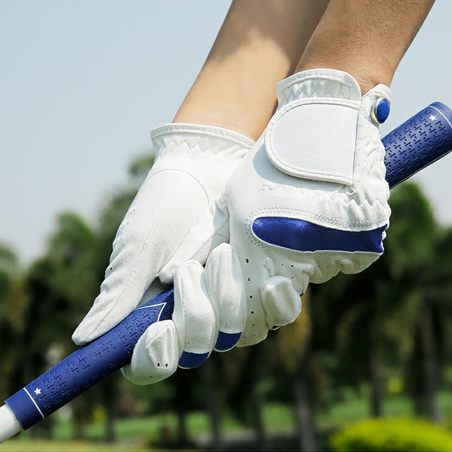 1 Pair Kids Golf Gloves, Junior Breathable Anti-Slip Golfing Sports Gloves with Ventilated Finger Holes for Boys Girls, Adjustable Fit, Left & Right Hand (White Blue, Large)