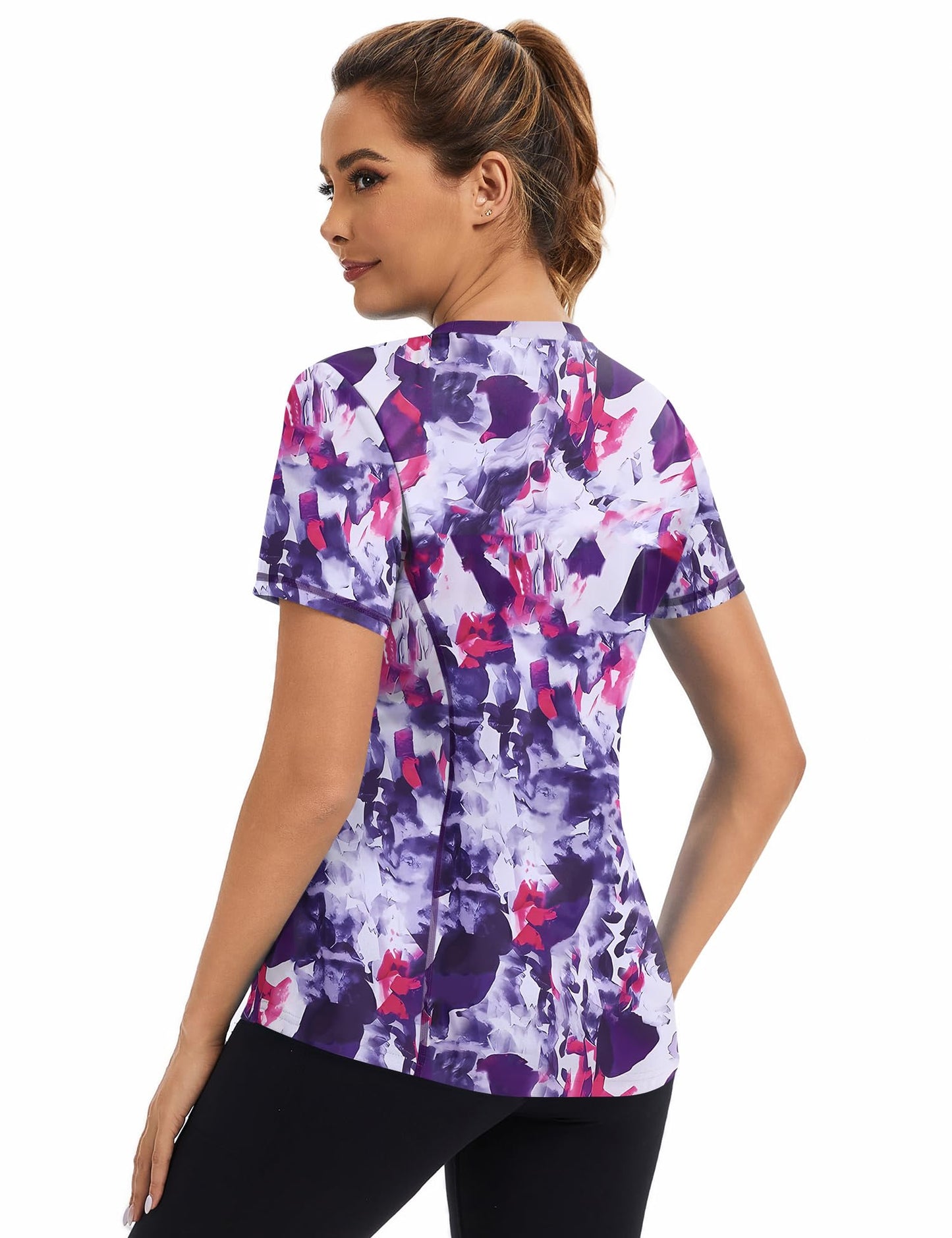 Avoogue Women's Activewear Short Sleeve Workout Tops Quick Dry UPF Sun Shirt Summer Running Hiking Yoga Shirts(Red Purple Colorblock,XL)