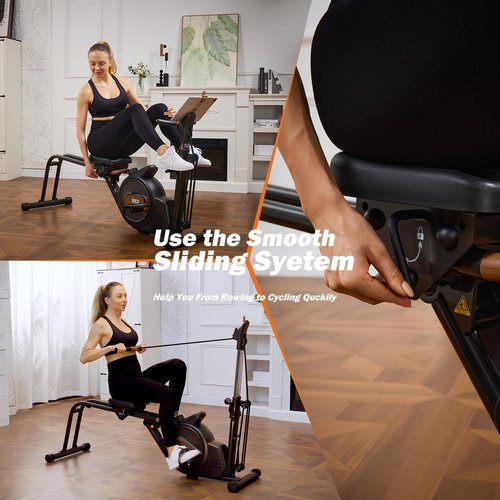 BSJ BESTGYM 3 in 1 Rowing Machine, Dual Slide Rail 6-Level Adjustable Height with Max 350lb Weight Capacity, Home Fitness Rower for Full Body Workout, App Compatible