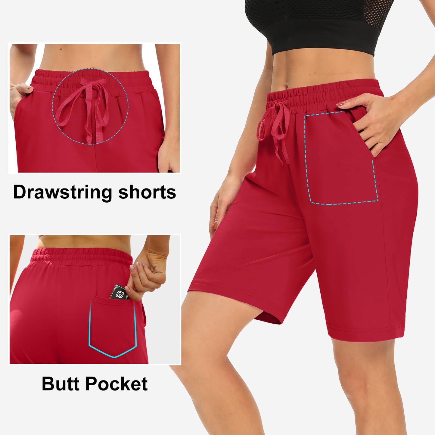 DIBAOLONG Womens 8’’ Bermuda Shorts with 3 Pockets Casual Long Shorts for Women Knee Length Summer Lounge Athletic Red L