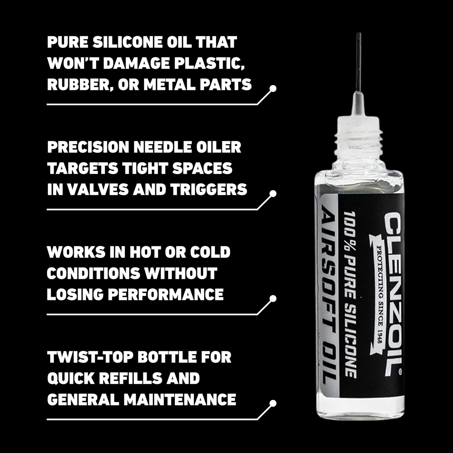 Clenzoil Airsoft & Air Gun Oil - 2 oz Combo Airsoft Oil - for Air Rifles & Airsoft Pistols - Pure Silicone Oil for Gun Lubrication - Made in The USA - 2 oz Bottle & 0.5 oz Needle Oiler Combo Pack