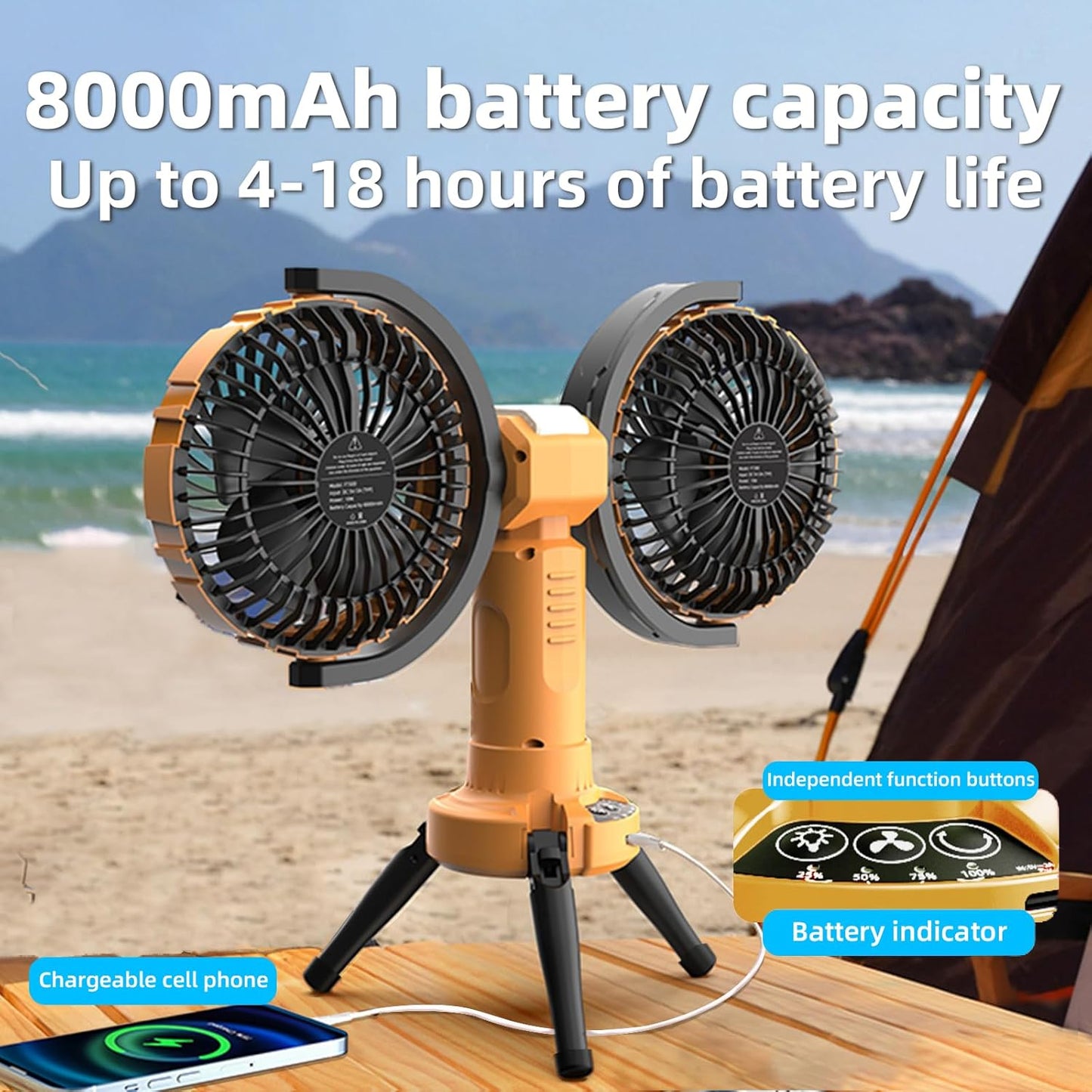 3 in 1 Portable Camping Fan with LED Light,8000mAh Rechargeable Battery Powered Fans with Hanging Hook for Tent,360°Head Rotation,4 Speeds,Camping Essentials Outdoor for Travel Fishing BBQ