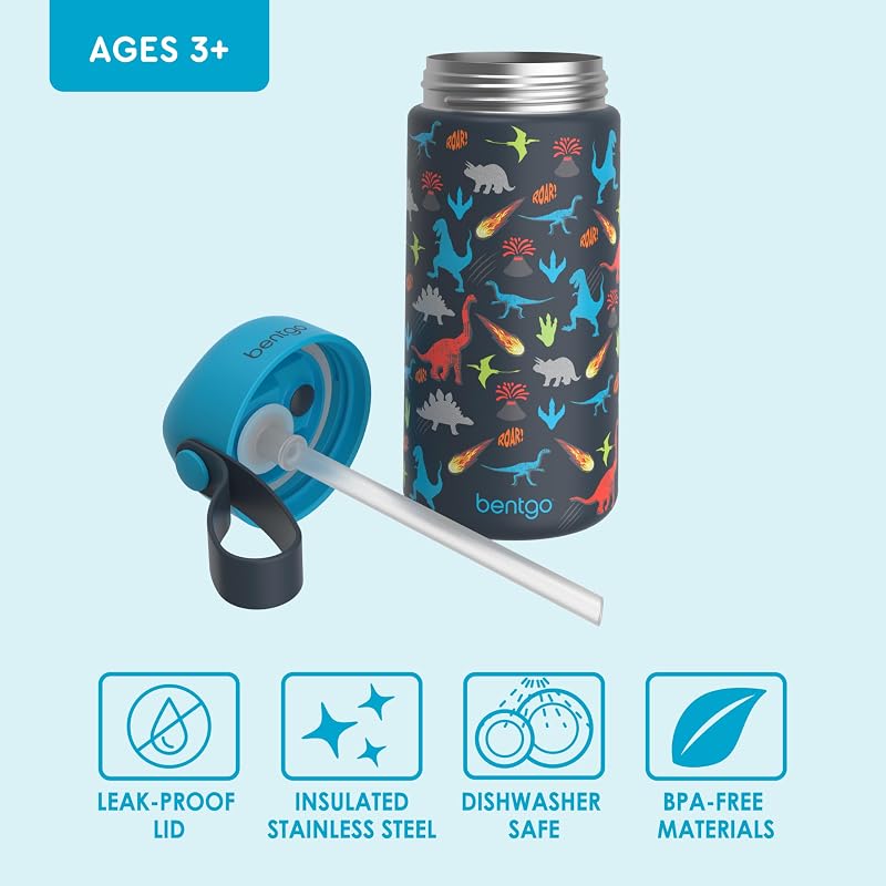 Bentgo Kids 14 oz Stainless Steel Water Bottle - Leak-Proof Bite & Sip (Dinosaur Variation)