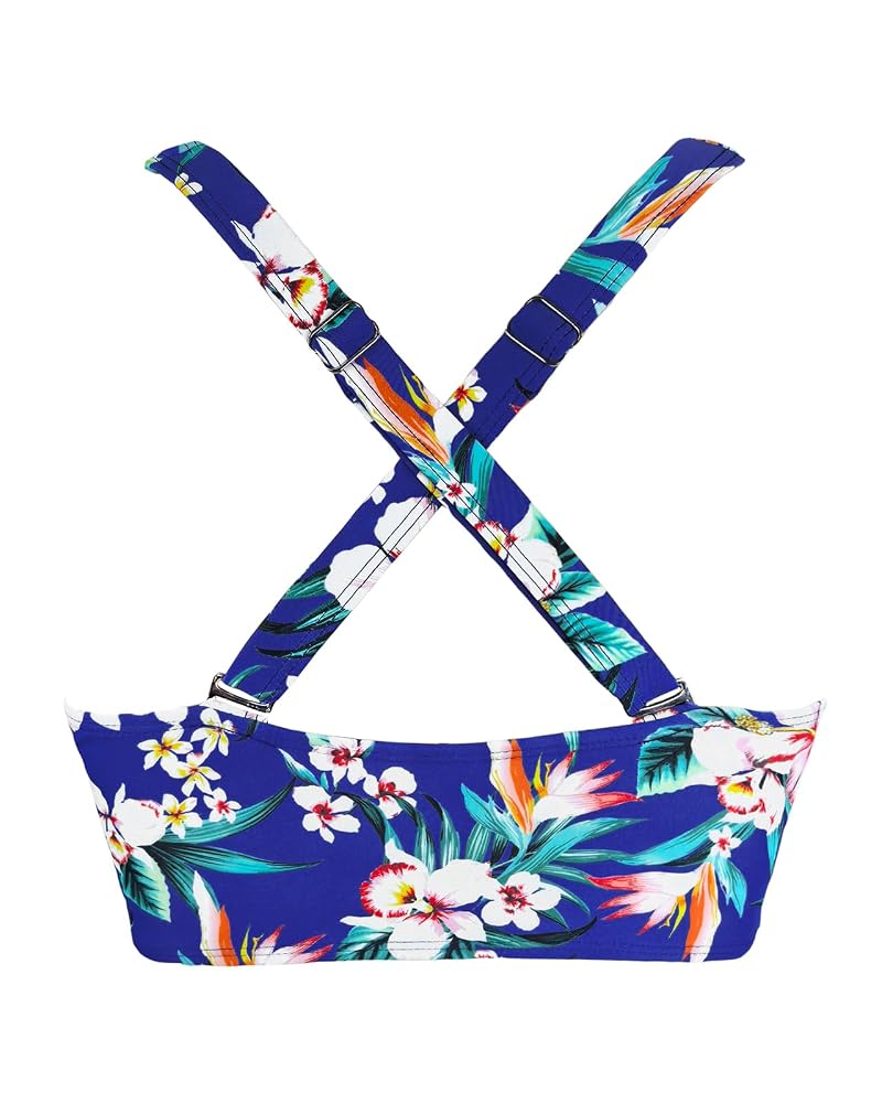 Blue Floral Sporty Bikini Top for Large Bust - Removable Pads, Crisscross Straps