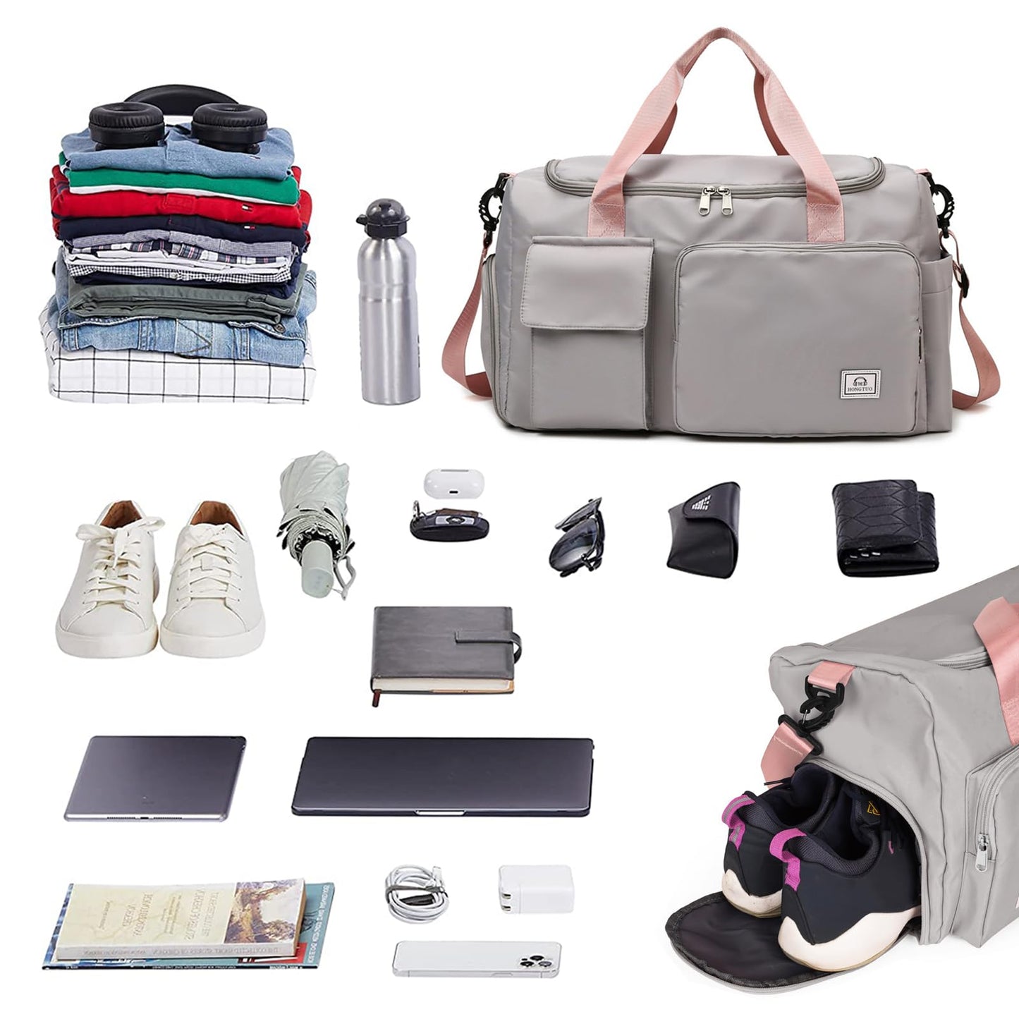 Travel Duffel Tote Bag with Dry Wet Separation Pocket, Weekender Bag for Women and Men，Waterproof Bag with Shoe Compartment Lightweight and Easy Carry on Grey