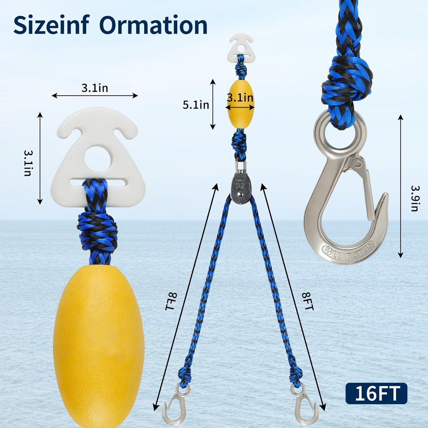 16FT Tow Rope for Tubing Tow Harness with Pulley Water Sport Lines Water Sports Tow Rope Heavy Duty Boat Tow Harness with 2 Stainless Steel Hook