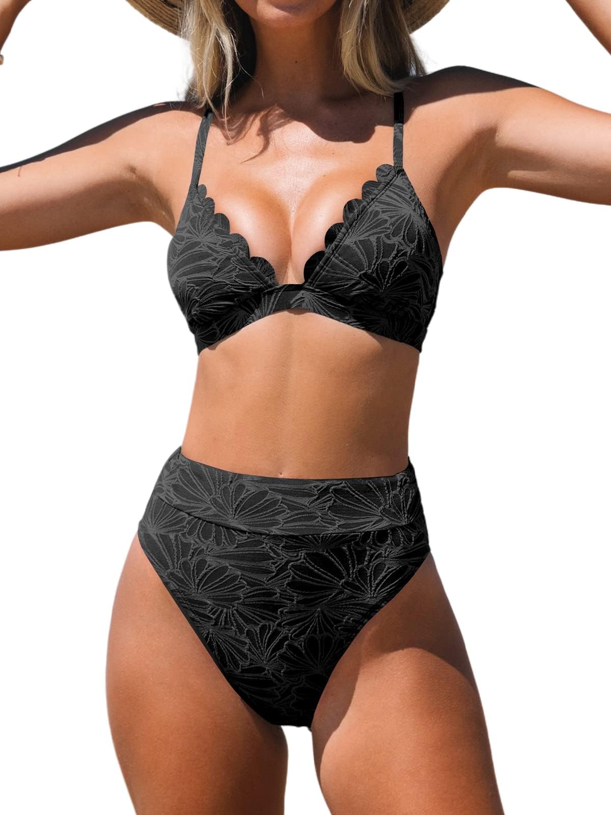 CUPSHE Bikini Set for Women Bathing Suit High Waisted Scalloped V Neck Two Pieces Swimsuit, M Black