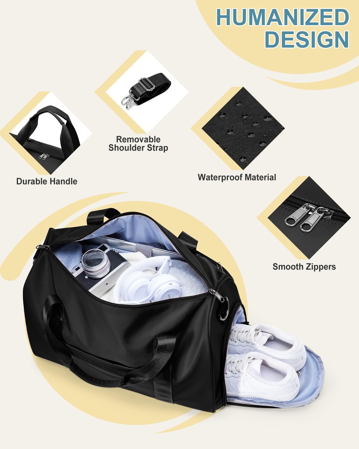 Travel Duffel Bags for Women & Men - Weekender with Shoe & Laptop Compartments - Carry On, Overnight, Gym & Hospital Bag - Black