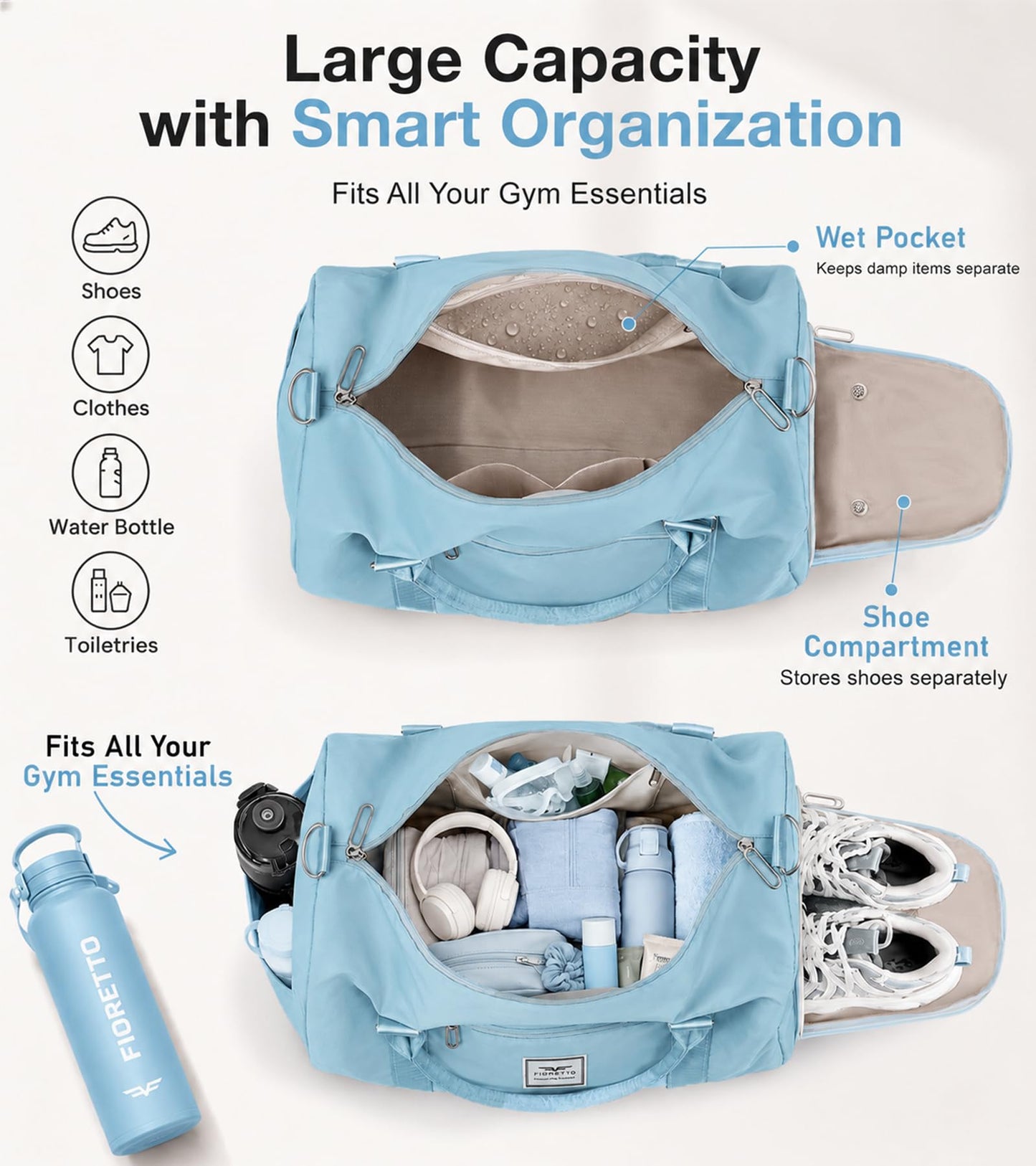 FIORETTO Womens Gym Tote Duffle Bag with Wet Pocket & Shoe Compartment, Sports Duffel Overnight Weekender Hospital Workout Carry on Bag for Girls, Ideal for Travel, Swimming, Dance, Ballet Light Blue