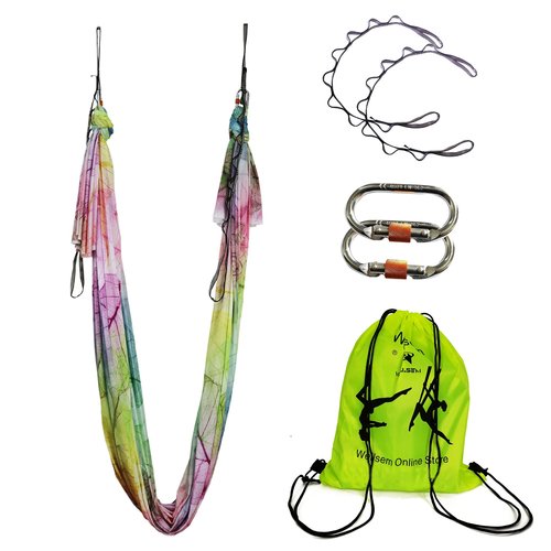 Aerial Yoga Hammock Aerial Pilates Silk Yoga Swing Set include Carabiners daisy Chain, Pose Guide 5.5 yards Set (Colorful Leaf)