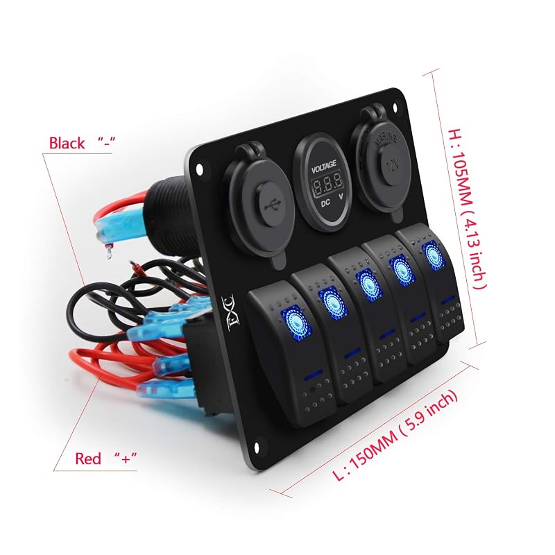 5-Gang Blue Aluminum Waterproof Marine Switch Panel with Dual USB 3.1A & Volt Meter