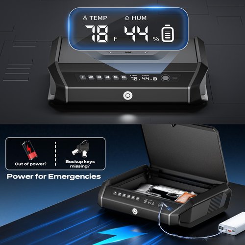 Gun Safe with LCD Display, ??.1s Quick Access Handgun Safe for 2-4 Pistols, Hand Gun Lock Box with Fingerprint | Keypad | and Keys for Home Drawer Bedside Nightstand TOPMEDA