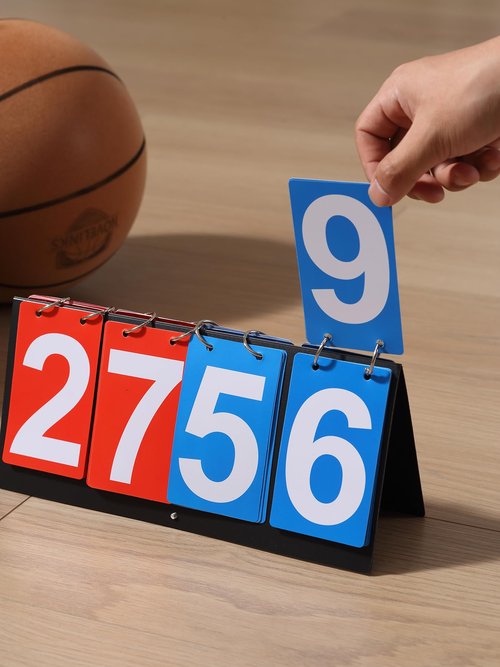 4-Digit Scoreboard, Flipper Scoring Board for Volleyball, Basketball & Kickball, Portable Score Keeper, Red & Blue