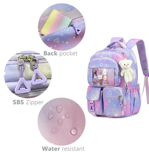 HuiLeo Kids Backpack for Girls Cute School backpack with Lunch Box Kawaii Book Bag Set for Primary Elementary School,Purple