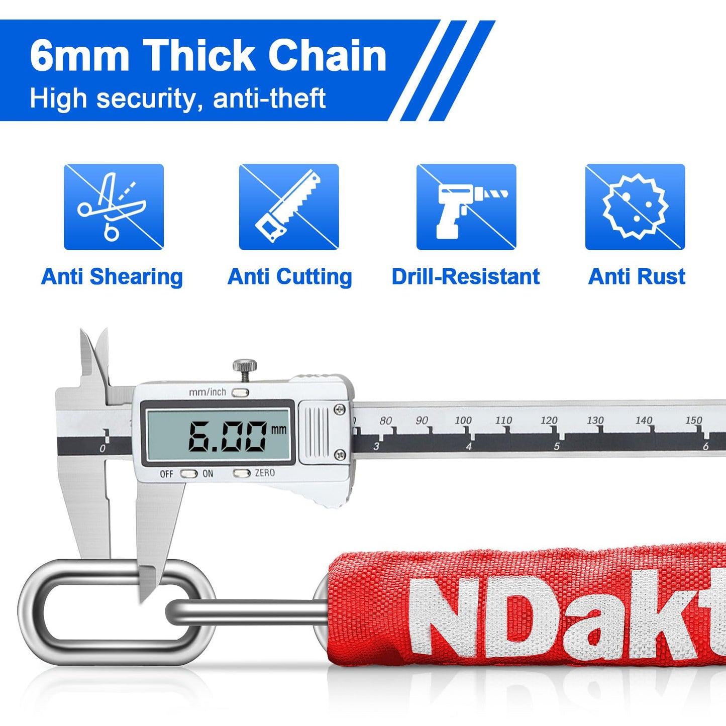 NDakter Bike Chain Lock, 5 Digit Combination Heavy Duty Anti Theft Bicycle Chain Lock,2.62/3.2/4.27/5/6Ft Long Security Resettable Bike Locks for Bike, Bicycle, Scooter, Door, Gate, Fence-4/6mm Thick