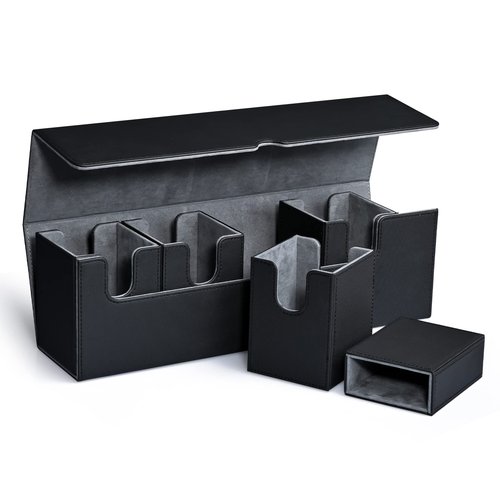UAONO Card Deck Box with Dice Tray for MTG, 5 in 1 Card Deck Case Holds 800+ Unsleeved Cards, Strong Magnet Organizer Compatible with Yugioh TCG Sports Cards (Black)